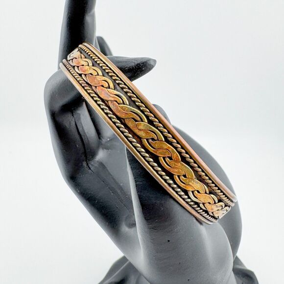 Vintage Copper Brass Cuff Bracelet Swirl Design Mixed Metal Boho Unisex Retro - Picture 2 of 7